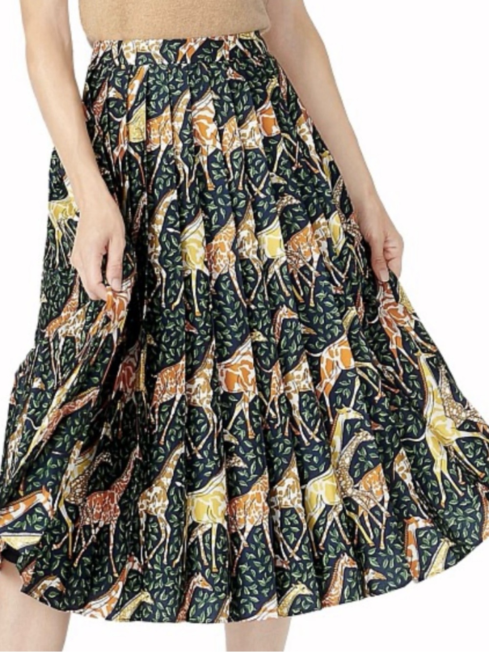 J. Crew bold Midi Skirt with Giraffe Print in navy, tan yellow,orange pleats 6